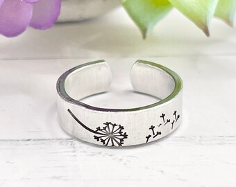 Dandelion Rings hand stamped. Custom Gifts for Him / Her / Teens / Kids. Wish Ring, Flower Ring, Adjustable Ring, Your own design rings