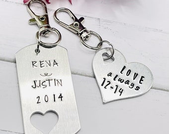 Dog Tag Heart cutout Hand-Stamped Keychain, Custom Key Holder, Monogram Keychain, Gift for her him teens, fathers day keychain