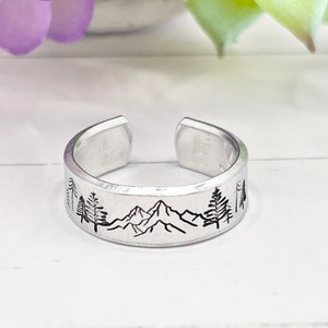 Trees Mountain Ring hand stamped. Custom Gifts for Him / Her. Nature Ring, Outdoor Ring, Adventure Ring, Adjustable Ring, Your own design.