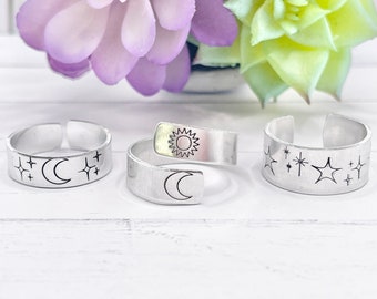 Sun Moon Stars Rings hand stamped, Custom ring Gifts for Him Her Teens Kids. Best friend rings, Couples Rings, Your own design rings