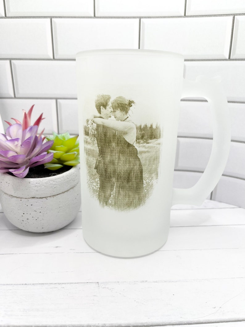 Personalized Beer 16 oz. Frosted Glass with Handle , Personalized Glass Mug, Custom Glass Mug, 21st Birthday Gift, Glass Jar Mug, Photo mug zdjęcie 1