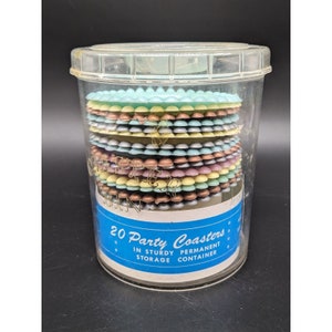 Vintage Mid Century Plastic Party Coasters Set of 15 with Storage Container