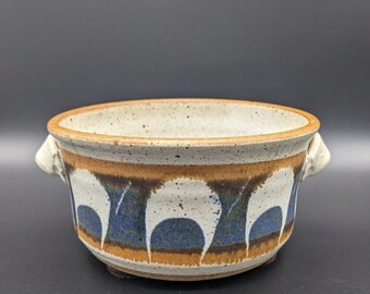 Handmade Studio Art Pottery Decorative Bowl Handles Blue Brown Glaze