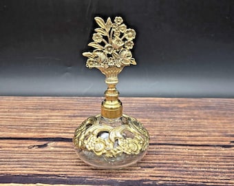 Ormolu Perfume Bottle Gold Tone Filagree Metal Flower Bouquet 5"