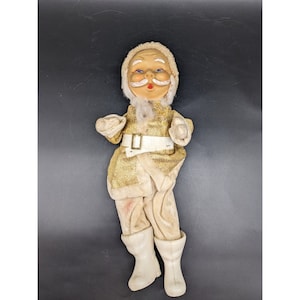 Vintage Christmas Santa Claus Rubber Face Straw Filled Gold White Japan
