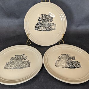 May include: Three off-white ceramic plates with a black floral basket design. The plates are oval and round, with a raised rim. One plate is on a gold stand. The plates are likely for serving or display.