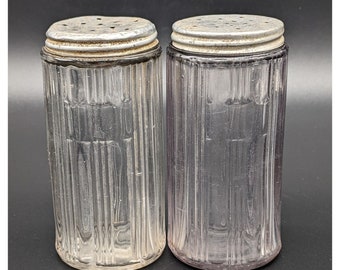 Vintage Hoosier Shaker Jars Triple Skip Ribbed Glass Aluminum Lids Set 2
