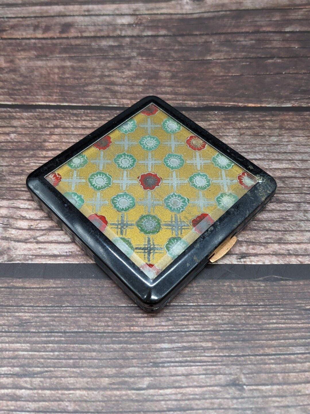 Square Powder Mirrored Compact Black Gold With Red & Turquoise Flowers ...