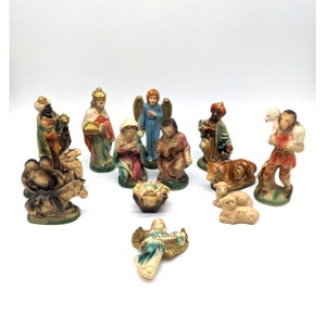 Vintage Christmas Paper Mache Nativity Set 14 Piece Set Composite Japan 1950s