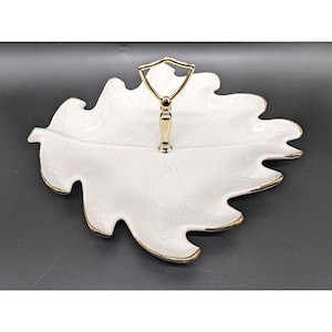 Vintage California Pottery Leaf Shaped Serving Tidbit Tray Ivory Gold Handle
