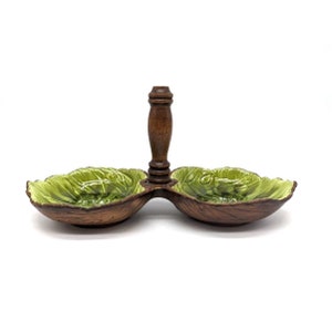 Treasure Craft Pottery Double Leaf Relish Dish Serving Green USA Vintage