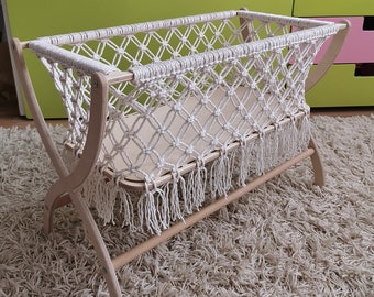 Wooden Macrame doll bed, Baby doll cradle, Wooden girl toys, Macrame doll cradle