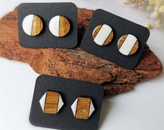 Wooden Resin Stud Earrings, Geometric Wood Stud earrings, Hypoallergenic Earrings, Small Stud Earrings, Wood Earrings For Women