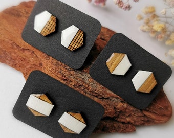 Resin & Wood Stud Earrings, Geometric Wood Stud earrings, Hypoallergenic Earrings, Small Stud Earrings, Wood Earrings For Women