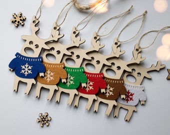 Deer Christmas tree Ornament, Wooden Christmas deer with colored sweater, Wooden Santa's Reindeer, New Year's reindeer