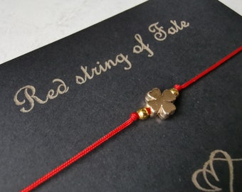 Bracelet cordon trèfle à quatre feuilles/Bracelets Ficelle rouge du destin/Bracelet ficelle rouge en or massif/cadeau pour elle/Porte-bonheur manifeste