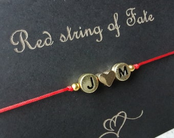 Red String of Fate, Personalized Couples Bracelet With Gold Heart, Initials Bracelet, Boyfriend Girlfriend