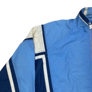 May include: Light blue vintage Starter jacket with white and navy blue accents. The jacket features a full zipper and a stand-up collar. The shoulder area has a white panel with navy and white stripes. The jacket is made of a lightweight, possibly nylon, material.