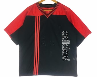 Vintage 90s Adidas Trefoil Big Spell Out Big Logo Embroidered V-Neck T-shirt