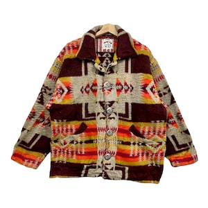 Vintage Studio Map Navajo Tribal Jacket / 90s Aztec Boho Western Coat / Native Southwestern Blanket Jacket