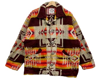 Vintage Studio Map Navajo Tribal Jacket / 90s Aztec Boho Western Coat / Native Southwestern Blanket Jacket