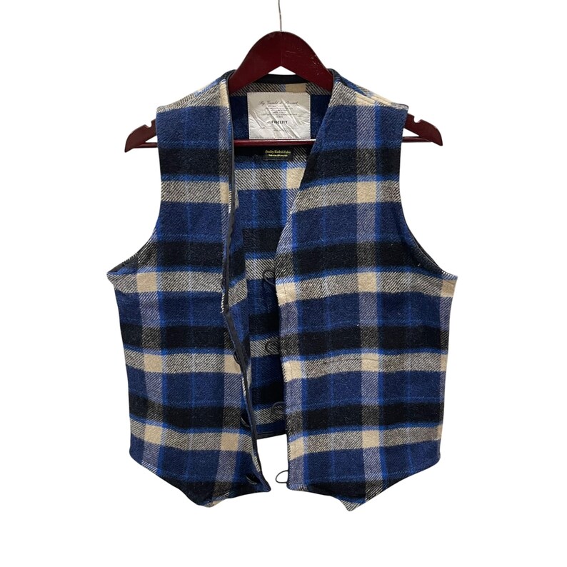 May include: A sleeveless vest featuring a blue, black, and cream plaid pattern. The garment has a V-neckline, a front button closure, and a white interior label near the collar. It is displayed on a dark brown wooden hanger against a white background.