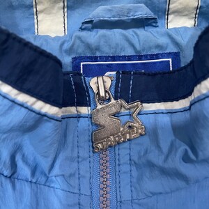 May include: Close-up of a light blue Starter jacket. The jacket features a full zipper with a silver zipper pull and the Starter logo. The jacket has navy blue and white accents.