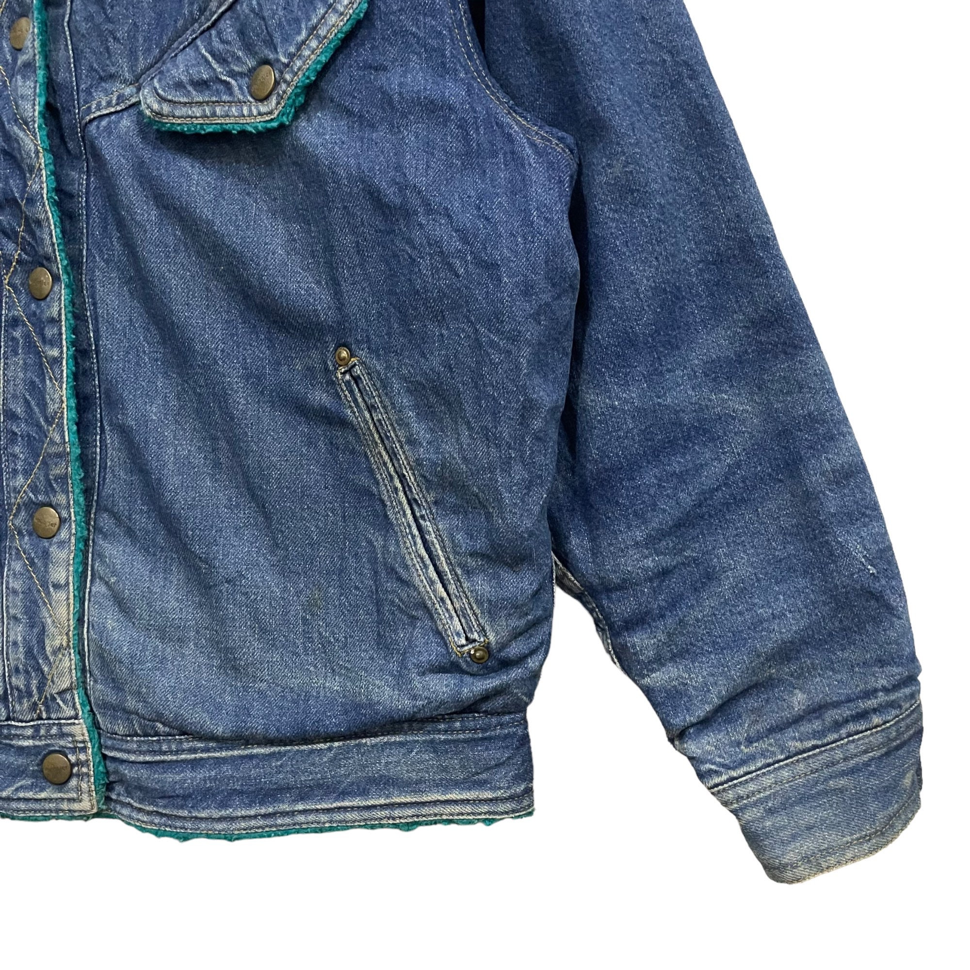 Vintage 90s Wrangler Gals Snap Button Shearling Linen Cowboy Denim 
