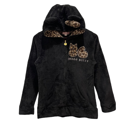 Vintage Hello Kitty Leopard Print Logo Velvet Hoodie Zipper