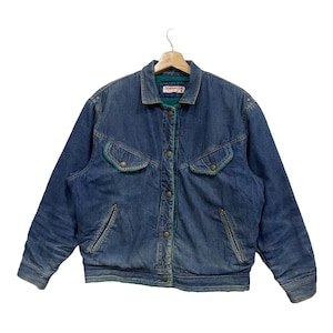 Vintage 90s Wrangler Gals Snap Button Shearling Linen Cowboy Denim Jacket