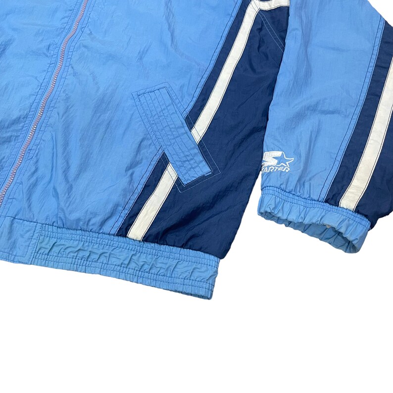 May include: A light blue and navy blue Starter jacket with white stripes on the sleeves. The jacket has a full zipper, a front pocket, and elastic cuffs and waistband. The Starter logo is visible on the sleeve.