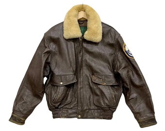 Vintage jaren 80 Polo Club Polo Ralph Lauren leren pilotenjack: Amerikaanse militaire patches