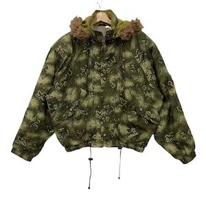 Vintage YAMAHA Faux Fur Hoodie Floral Printed Bomber Jacket