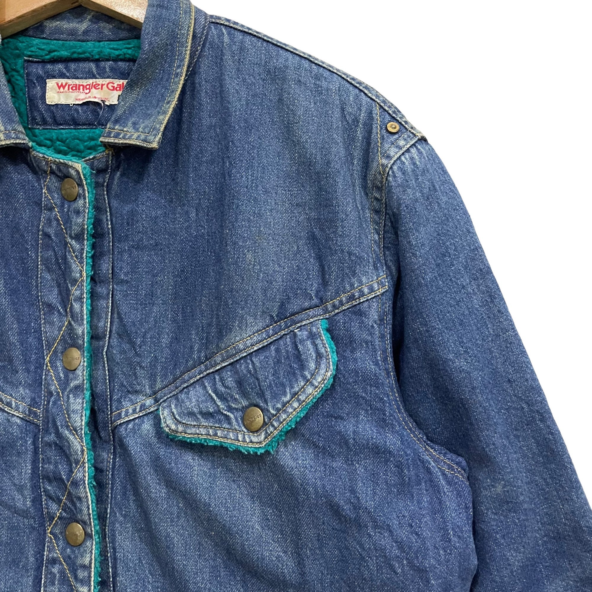 Vintage 90s Wrangler Gals Snap Button Shearling Linen Cowboy Denim 