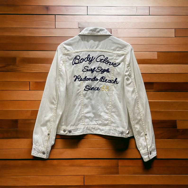 Sällsynt vintage 90-tals Body Glove Surf Style Spell Out Denim Trucker Jacket Button bild 1