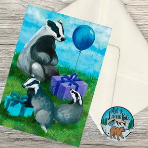 Tarjeta de cumpleaños Badgers A6 - tarjeta hecha a mano de una familia de tejones celebrando un cumpleaños con regalos - regalo de animales