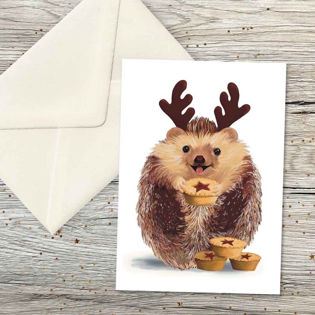 Hedgehog A6 Christmas Card Handmade Card of Hedgehog With Mince