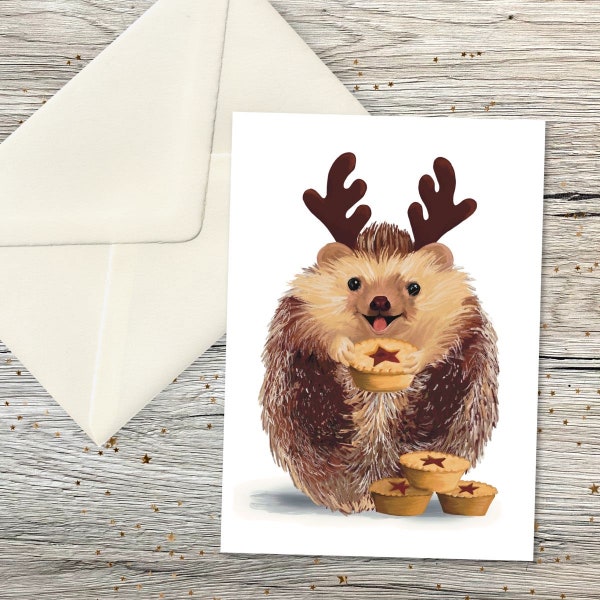 Hedgehog A6 Christmas Card - handmade card of hedgehog with mince pies - animal gift