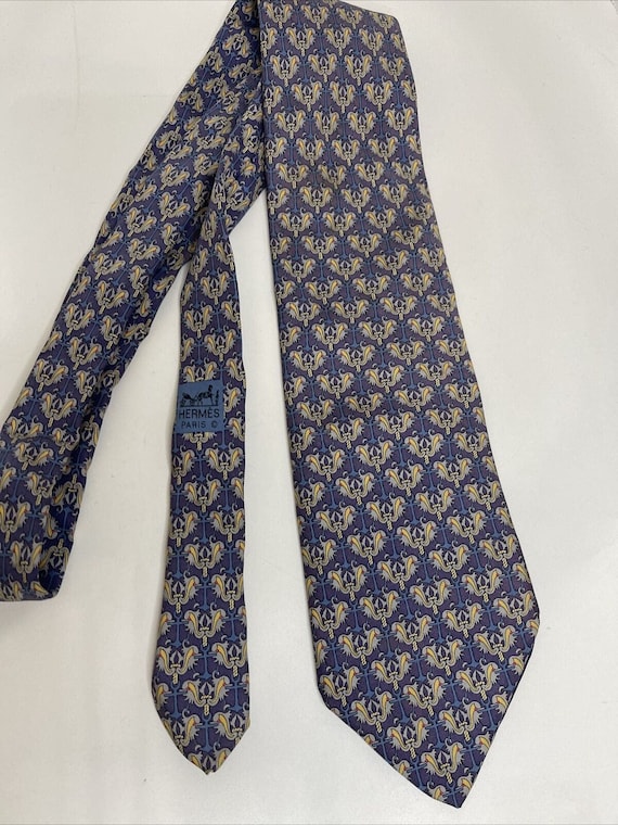 Hermes Blue 100% Silk Tie Anchors Vintage 7255 MA 