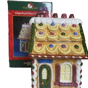 Kurt Adler Gingerbread House Cookie Jar Gumdrops cerâmica vintage na caixa original