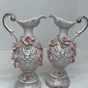 Vintage Lefton China Pink Roses Pitcher Vase Pair See Description