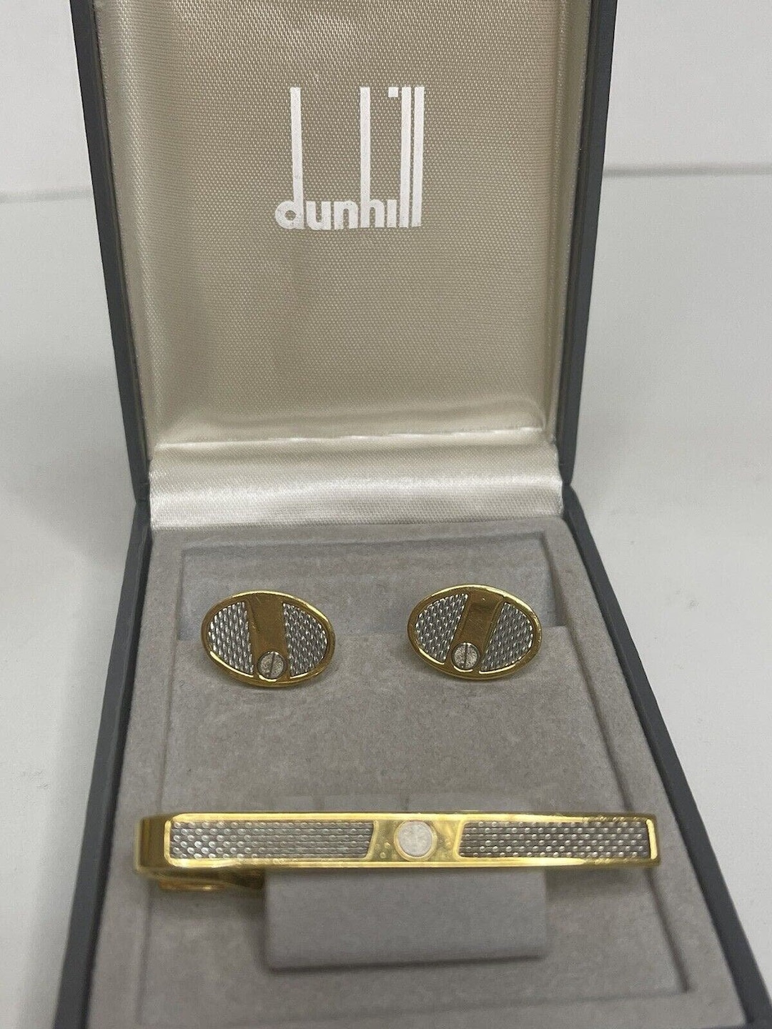 Dunhill “d” Logo Round Gold Cufflinks and Tie Bar/clip With Dunhill “d” Logo Round Gold Cufflinks and Tie Bar/clip With