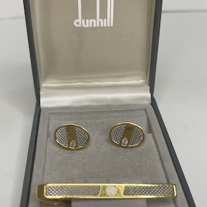 Dunhill “d” Logo Round Gold Cufflinks and Tie Bar/Clip With Box