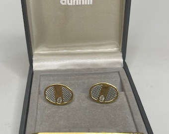 Dunhill “d” Logo Round Gold Cufflinks and Tie Bar/clip With