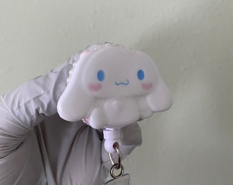 Rhinestone Bedazzled White Puppy Dog Heart Badge Reel, ID Holder, Kawaii Retractable, Accessory