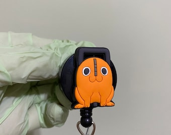 Anime Orange Chainsaw Dog Chibi Badge Reel, ID Holder, Kawaii Retractable, Badge Holder Accessory