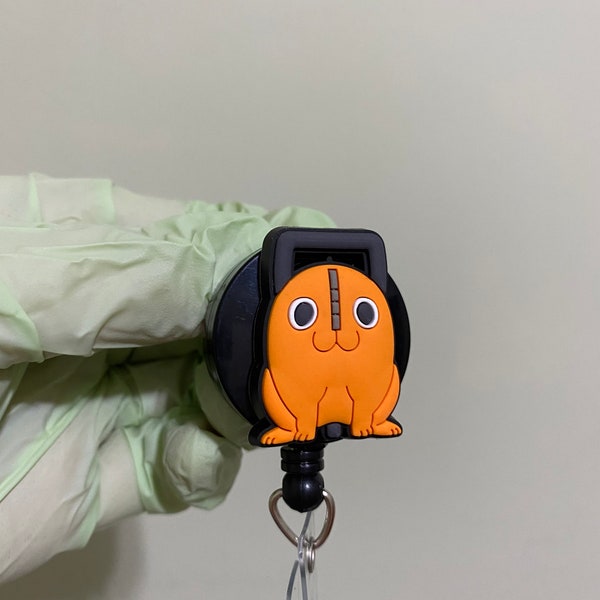 Anime Orange Chainsaw Dog Chibi Badge Reel, ID Holder, Kawaii Retractable, Badge Holder Accessory