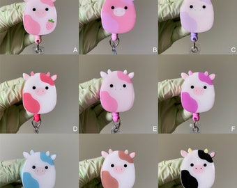 Black Pink Brown Tan Purple White Teal Cow Farm Strawberry Squishmallow Animal Badge Reel, ID Holder, Kawaii Retractable, Accessory