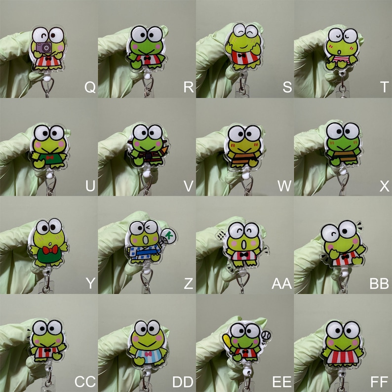 Op de afbeelding: Een set van 16 intrekbare badgehouders met een groen kikkerpersonage. Elke houder heeft een ander ontwerp van het kikkerpersonage in verschillende outfits en poses.