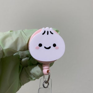 White Pink Dumpling Dough Smile Food Badge Reel, ID Holder, Kawaii Retractable, Accessory